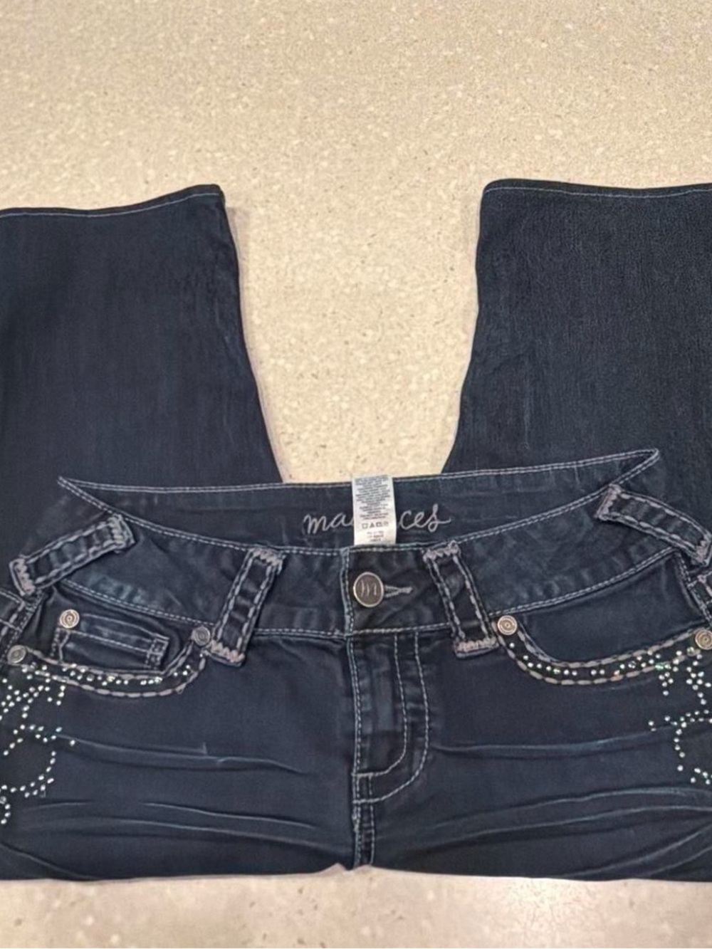 Maurices Dark Blue Boot Cut Jeans with Rhinestone Pocket Accents